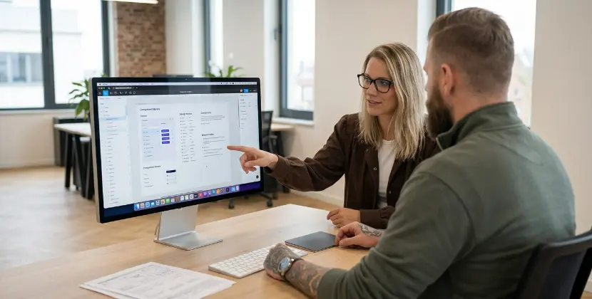 Twee collega's overleggen aan een houten bureau bij een iMac in een industrieel kantoor in Zwolle, iemand loopt op de achtergrond voorbij