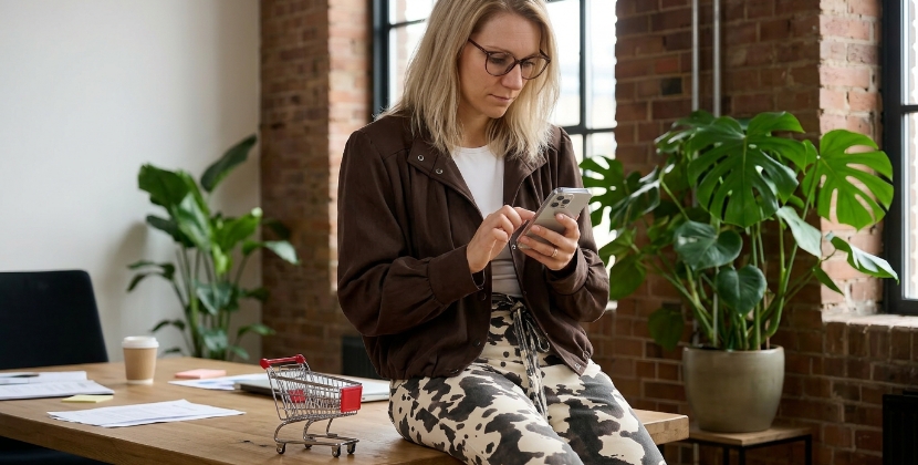 Ecommerce store owner staring at a checkout funnel drop-off report on a monitor, looking quietly frustrated, Zwolle office, soft daylight