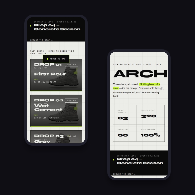 GRYM archief op mobiel, uitverkochte eerdere drops met oplagenummers