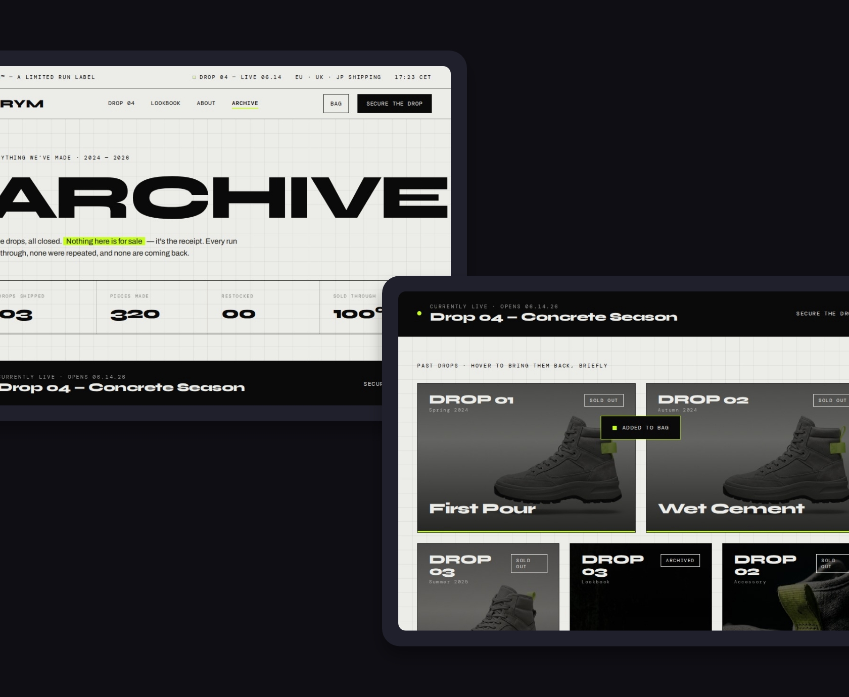 GRYM archive page on desktop, past drops sold out with run statistics