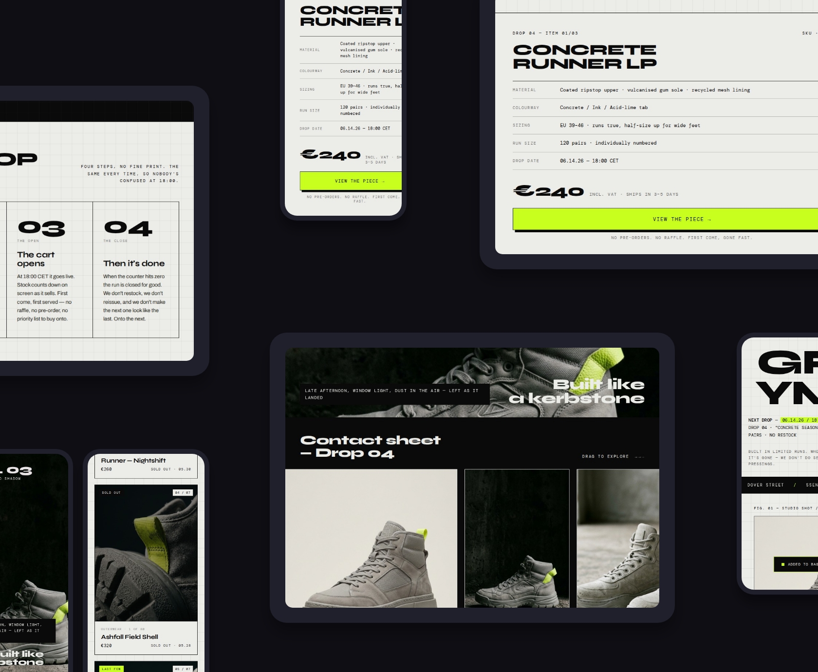 Overzicht van het GRYM-concept, productpagina, drop-stappen en lookbook op desktop en mobiel