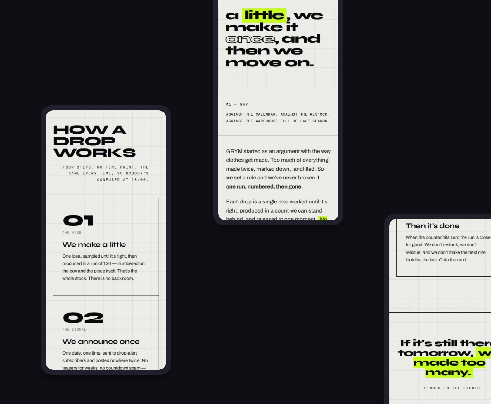 GRYM manifesto and how a drop works, across mobile and desktop