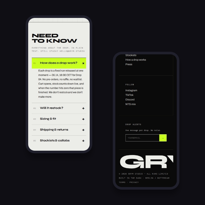 GRYM mobiele FAQ en footer met de drop-alert aanmelding