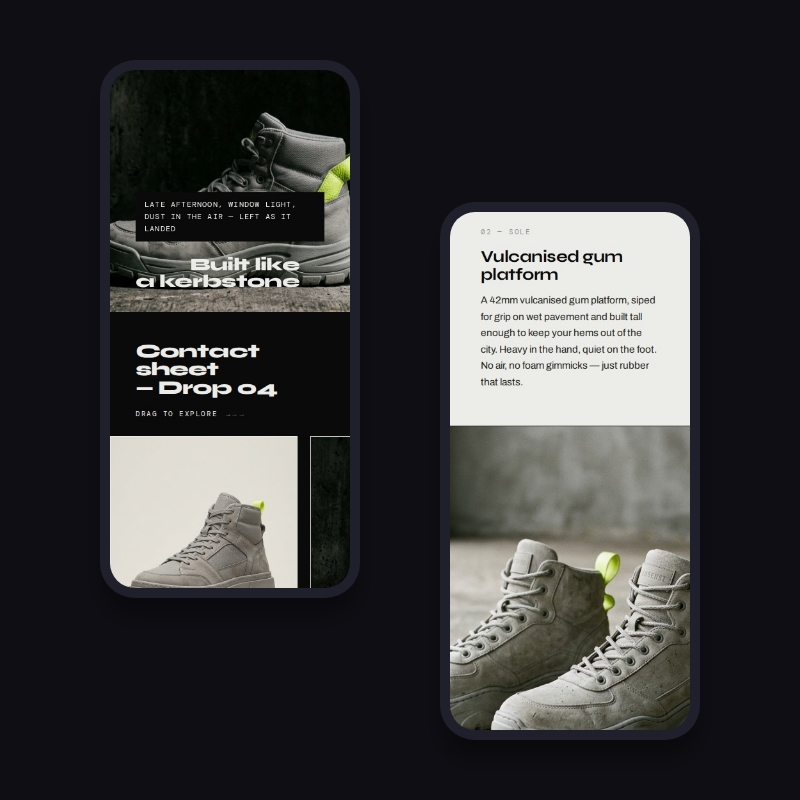 GRYM lookbook and sole detail on mobile, Concrete Runner shot on location
