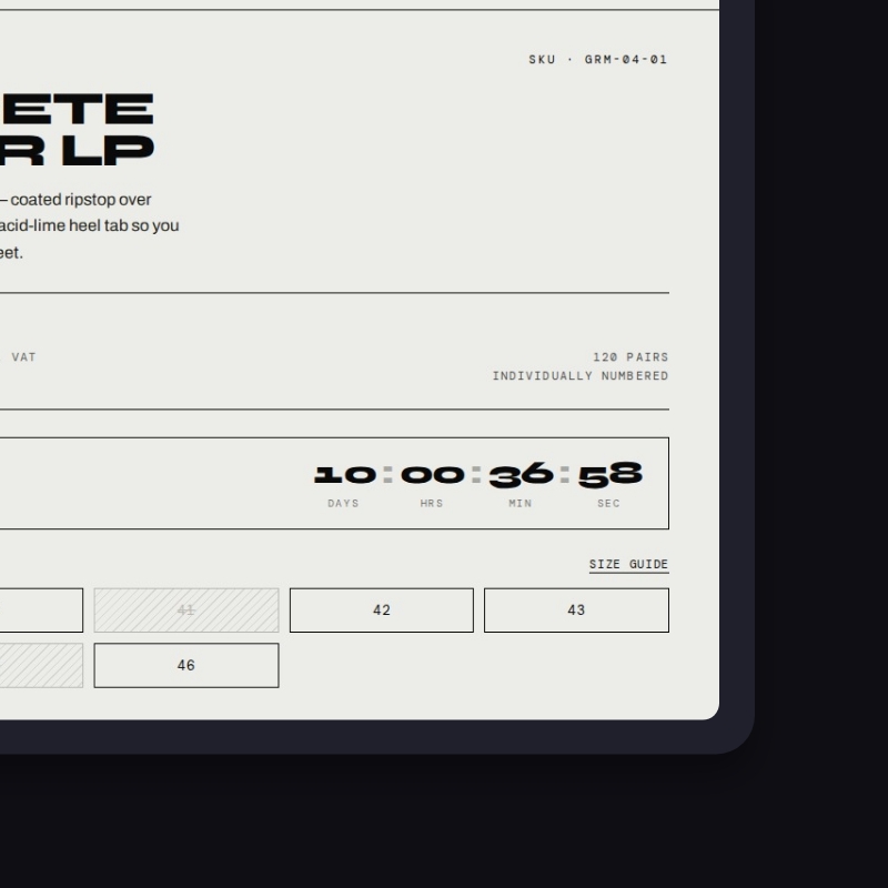 GRYM product page detail, live drop countdown and size selector with sold-out states