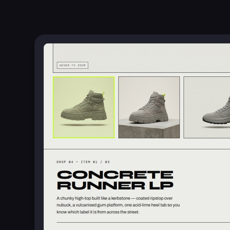GRYM product page gallery for the Concrete Runner LP with hover to zoom