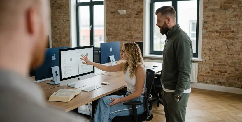 Twee collega's vergelijken een thema, een plugin en een maatwerk recruitmentwebsite op scherm in Zwolle