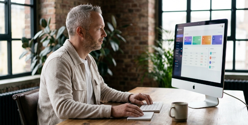 Person at a Zwolle office desk reviewing a search console-style analytics interface on a monitor, soft daylight, plants in background, casual clothes, coffee cup slightly too close to the keyboard