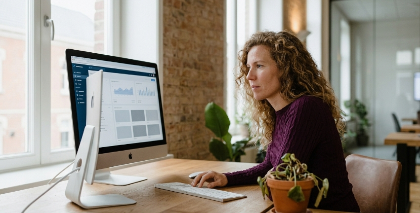SEO strategist at a wood desk in a Zwolle office reviewing a content silo map on a large monitor, soft daylight, plants visible in background
