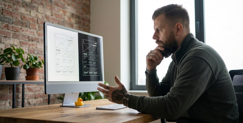 SEO-specialist aan een bureau in een Zwols kantoor die twee browservensters vergelijkt met verschillende sitestructuren, zacht daglicht, casual kleding, lichte frons van concentratie