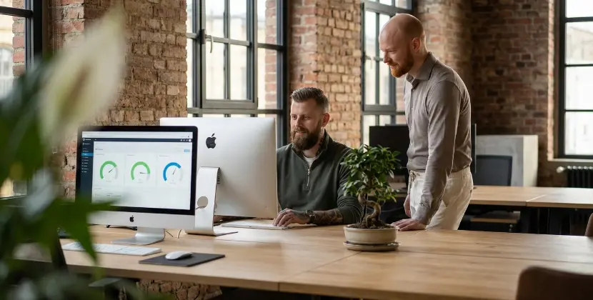 Twee collega's bekijken samen een recruitmentwebsite op een scherm aan een houten bureau in Zwolle
