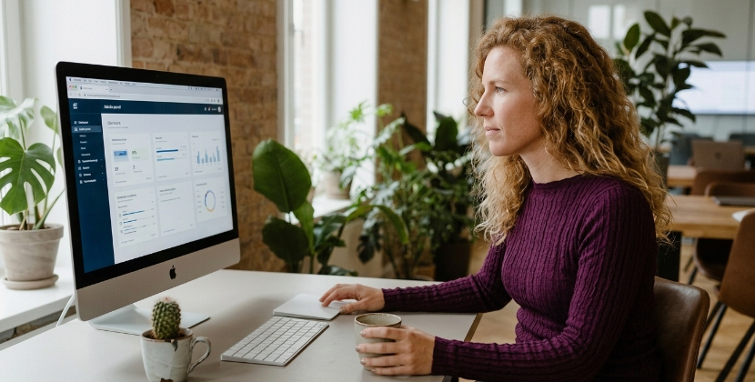 Persoon die een analyticscherm bekijkt met stapsgewijze trechterdata van het bestelproces, geconcentreerde uitdrukking, medium shot, kantoor in Zwolle