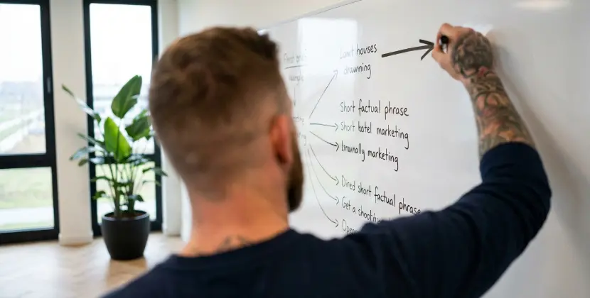 content editor rewriting a vague paragraph into a direct answer, with a structure outline on the wall -