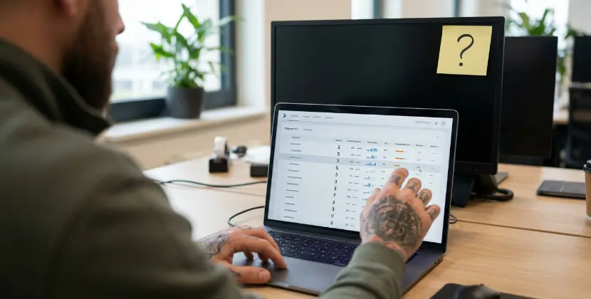 Over de schouder gefilmde marketeer die zoekwoorddata op koopintentie sorteert op een strak SEO scherm