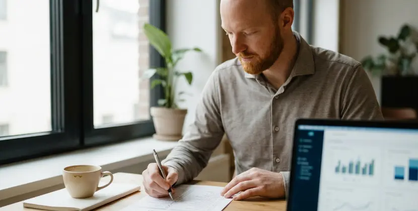 Marketer calmly ticking a printed monthly SEO checklist by the window, reviewing what produced leads