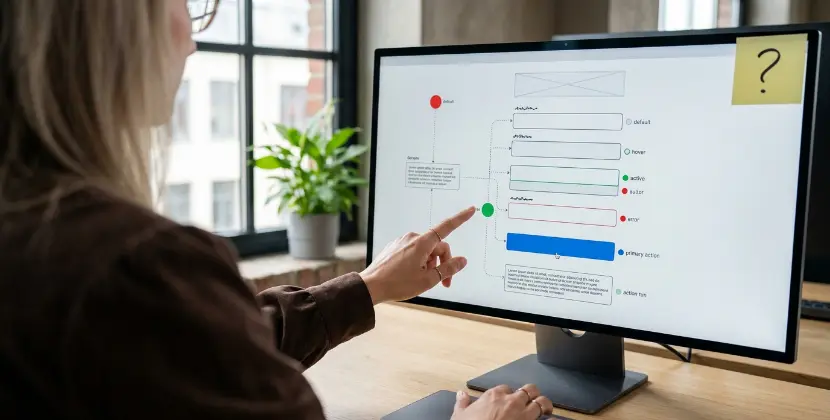 Over de schouder gefilmde ontwerper die interactietoestanden uitwerkt op een abstracte formulier-UI