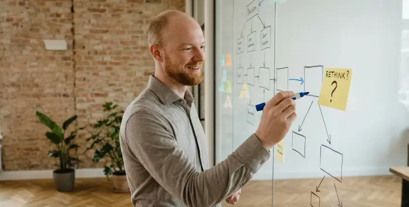 Ontwerper schetst een micro-interactieflow op een glazen wand en kiest welke feedback een plek verdient