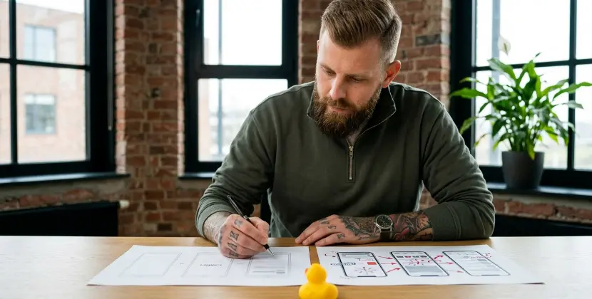 Designer comparing two printed interface mockups, weighing a busy version against a calmer one