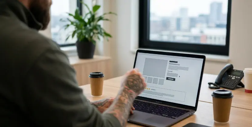 Over-the-shoulder shot of a designer reordering product page blocks, moving the price and button up