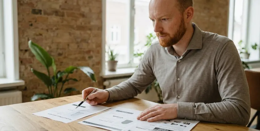 Marketer comparing two printed product page mockups, weighing a cluttered version against a clean one