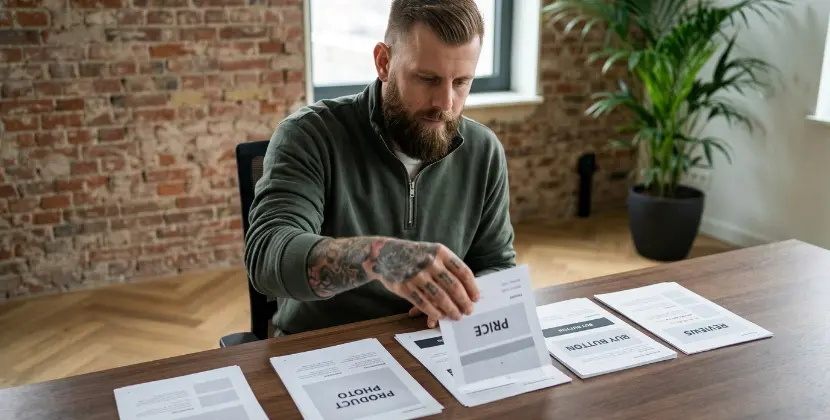 Marketeer schikt geprinte productpagina-blokken op een bureau en zet prijs en koopknop hoger in de volgorde