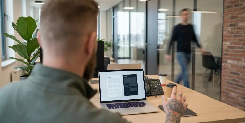Over-the-shoulder view in a Zwolle office of a designer building an abstract two-panel layout on a Mac
