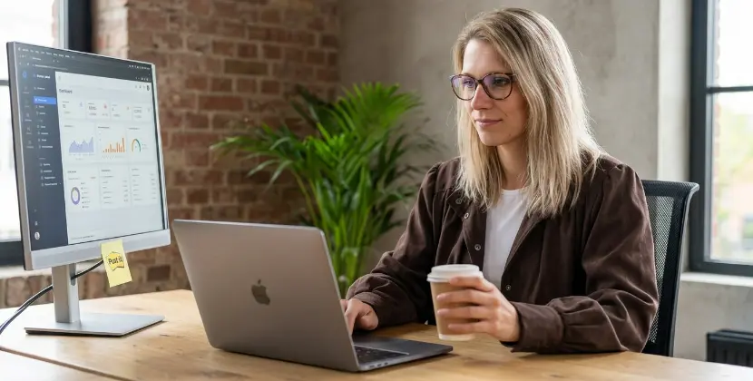 Ontwerper alleen aan bureau in Zwols kantoor checkt een abstract beheerpaneel op een Mac, koffie in de hand, rustig
