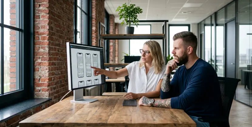 UX designer en collega beoordelen wireframes op een scherm bij Studio Ubique