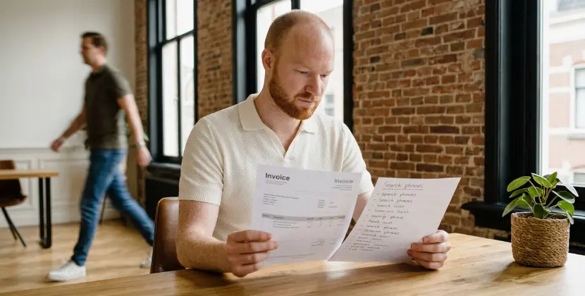 Ondernemer in een werkplaatskantoor vergelijkt een overzicht met kosten per klik met een handgeschreven lijst zoektermen van klanten