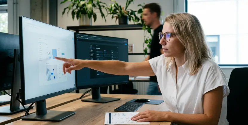 Marketer reviewing a side by side comparison of paid search cost per lead and organic keyword growth on two monitors