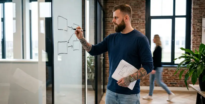 Technical lead sketching a decoupled CMS architecture on glass, API arrows pointing from content store to website and mobile app