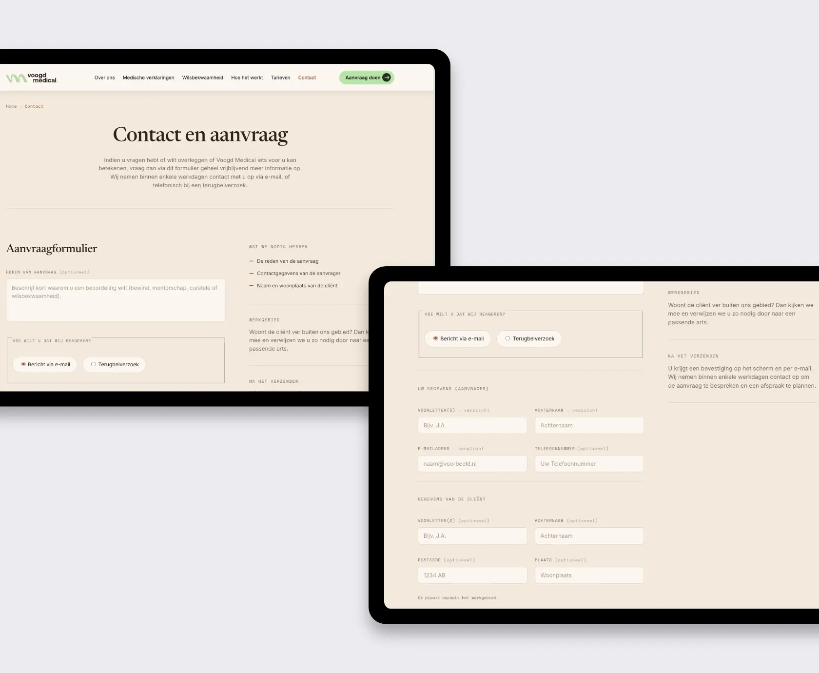 Ontwerp van de contactpagina van Voogd Medical met het aanvraagformulier op desktop en tablet