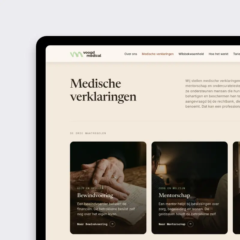 Desktop design of the Voogd Medical medical statements overview with three measure cards