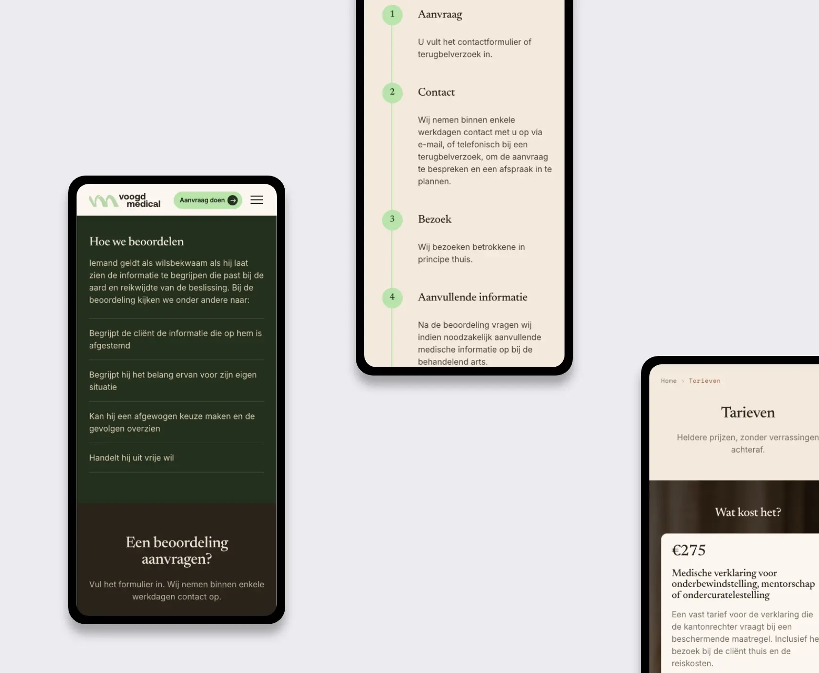Mobiele ontwerpen van Voogd Medical met beoordelingscriteria, het stappenplan en de tarievenpagina