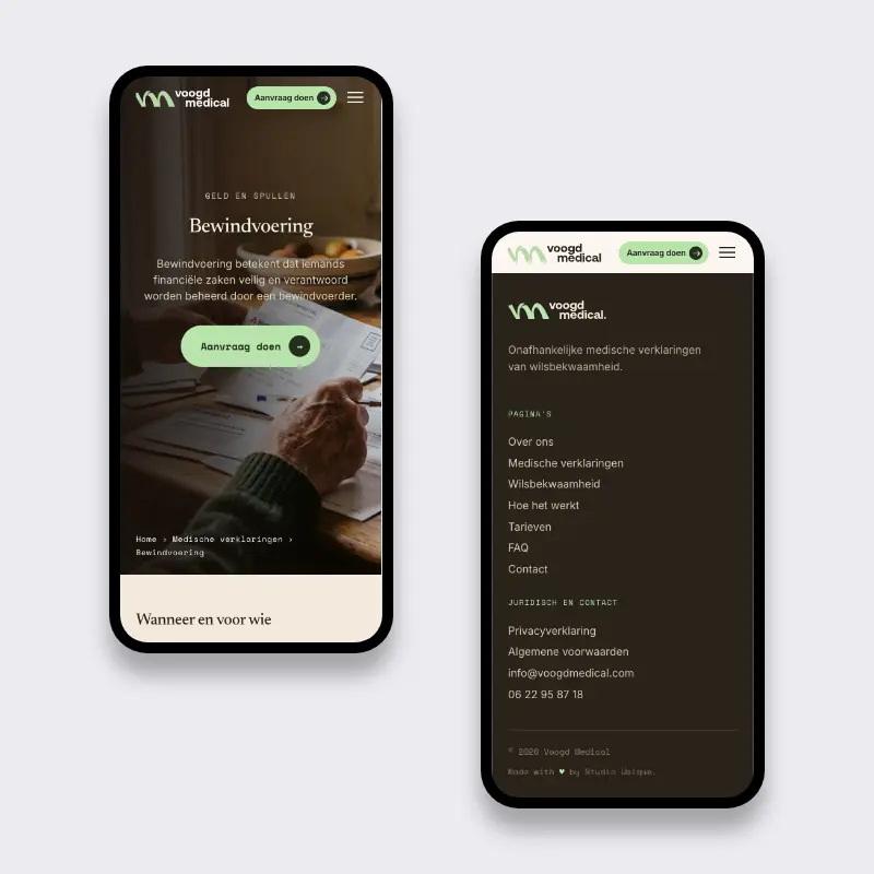 Mobile design of the Voogd Medical financial administration page next to the dark site footer