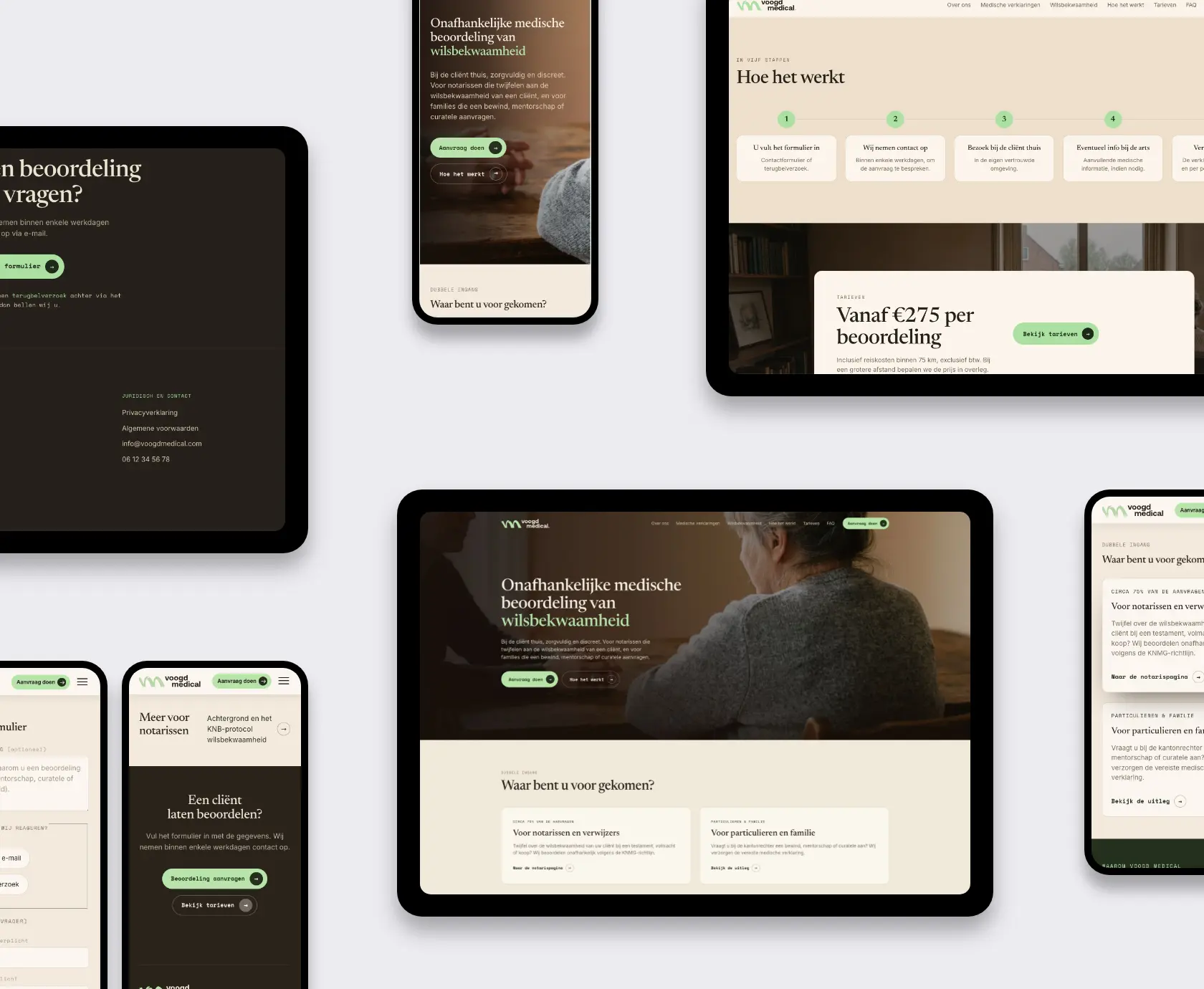 Overzicht van het webdesign van Voogd Medical op desktop, tablet en mobiel