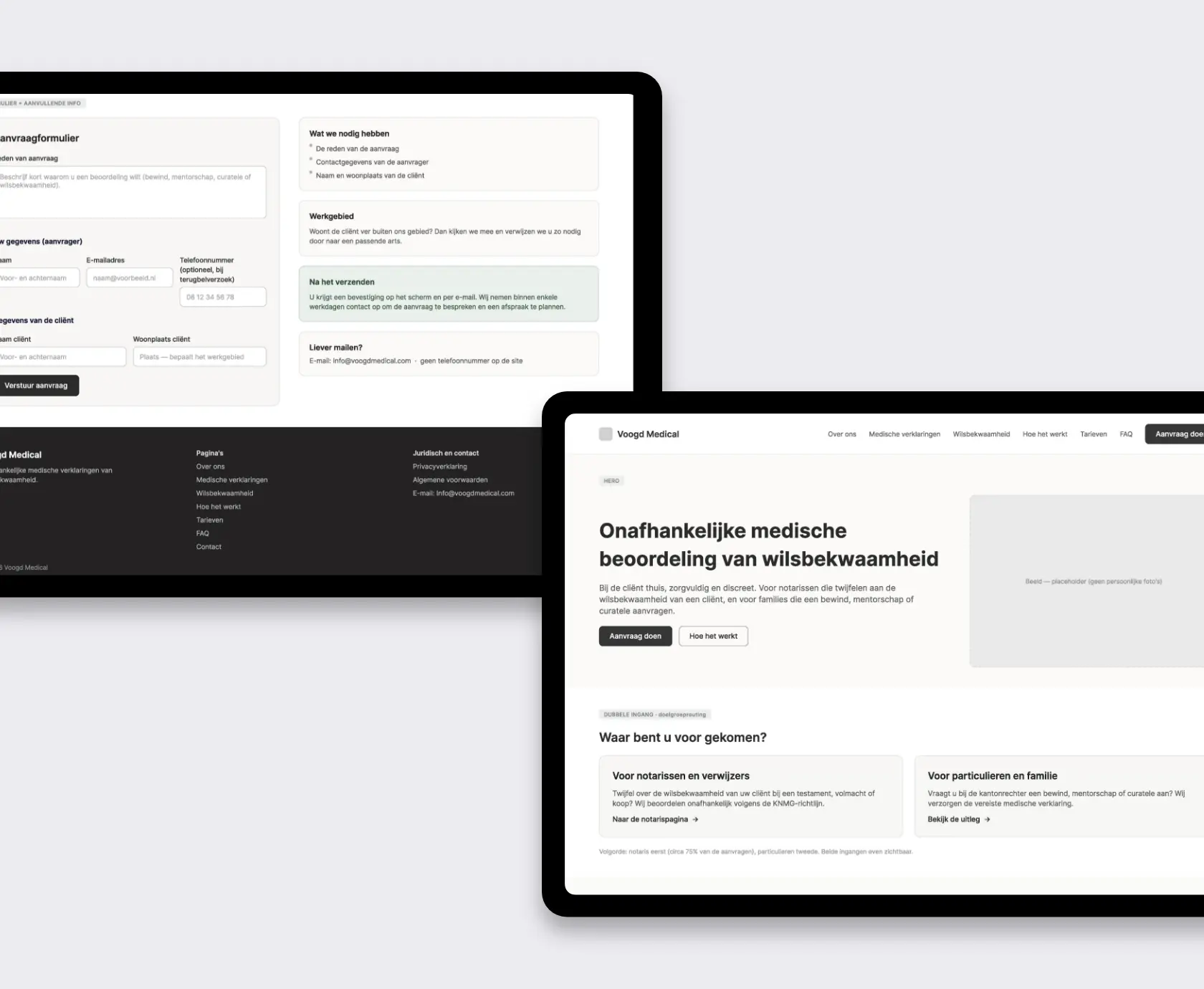 Wireframes of the Voogd Medical home page and contact form