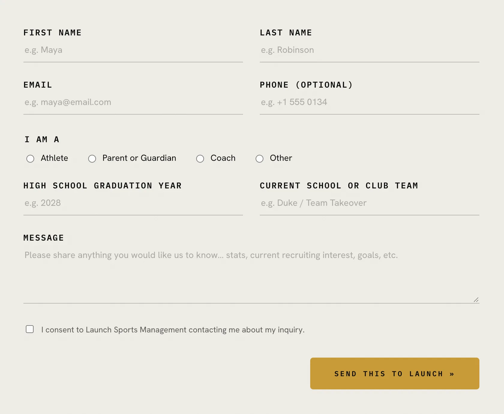 Contact form on the Launch Sports Management website, with a choice of athlete, parent or coach and a field for the graduation year