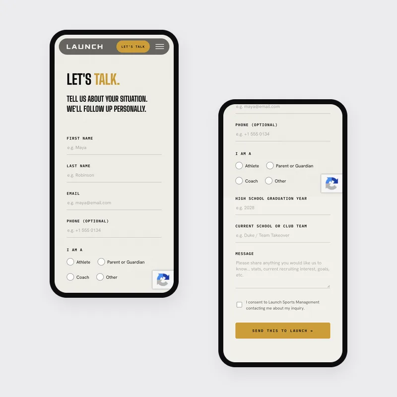 Launch Sports Management contact form on two phones, asking who is writing and the high school graduation year
