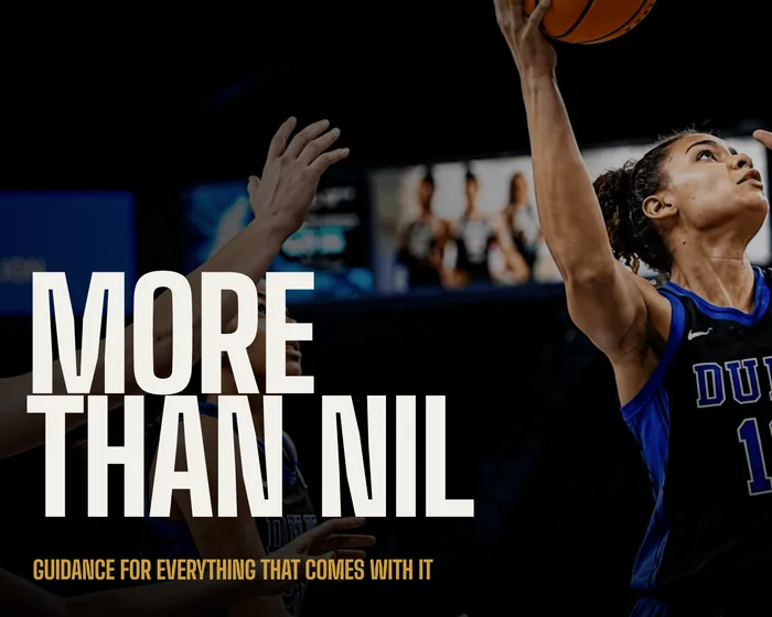 Launch Sports Management homepage hero, a college basketball player in a Duke jersey next to the More Than NIL headline