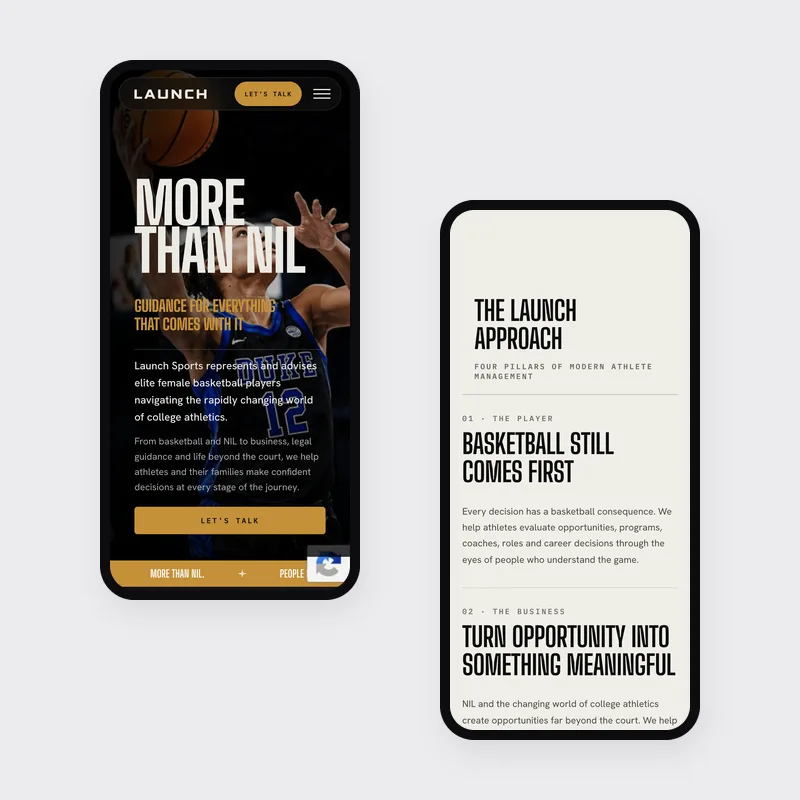 Launch Sports Management homepage on two phones, showing the hero and the four pillars