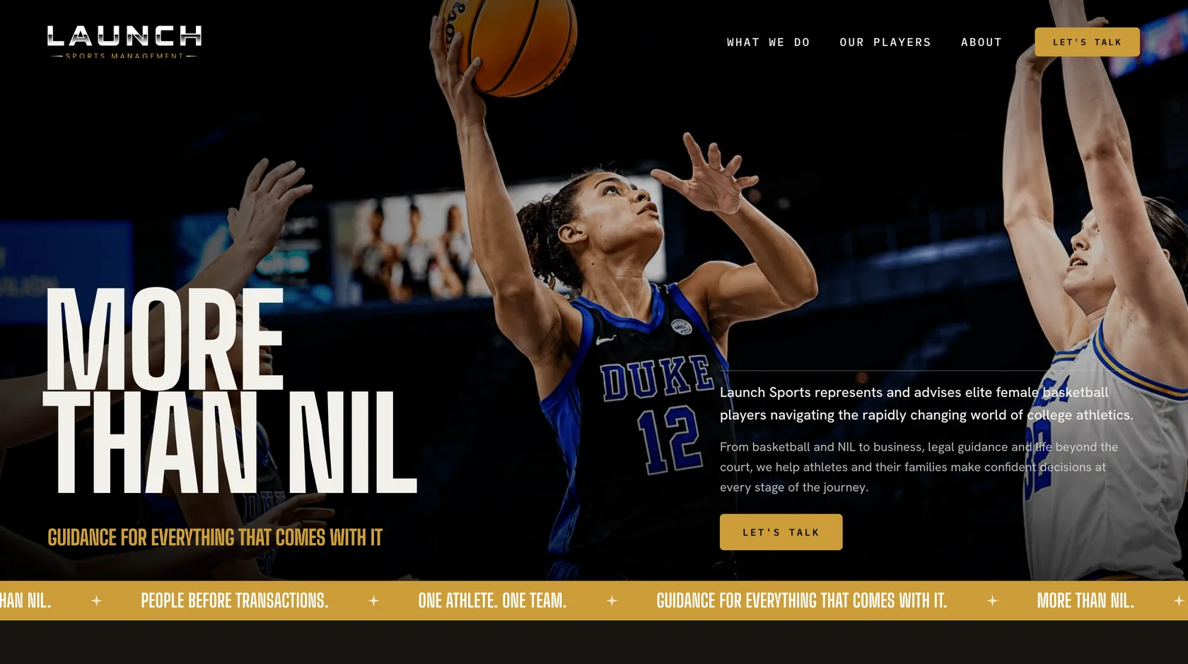 Homepage of the Launch Sports Management website, with the More Than NIL headline, the navigation and a gold marquee band