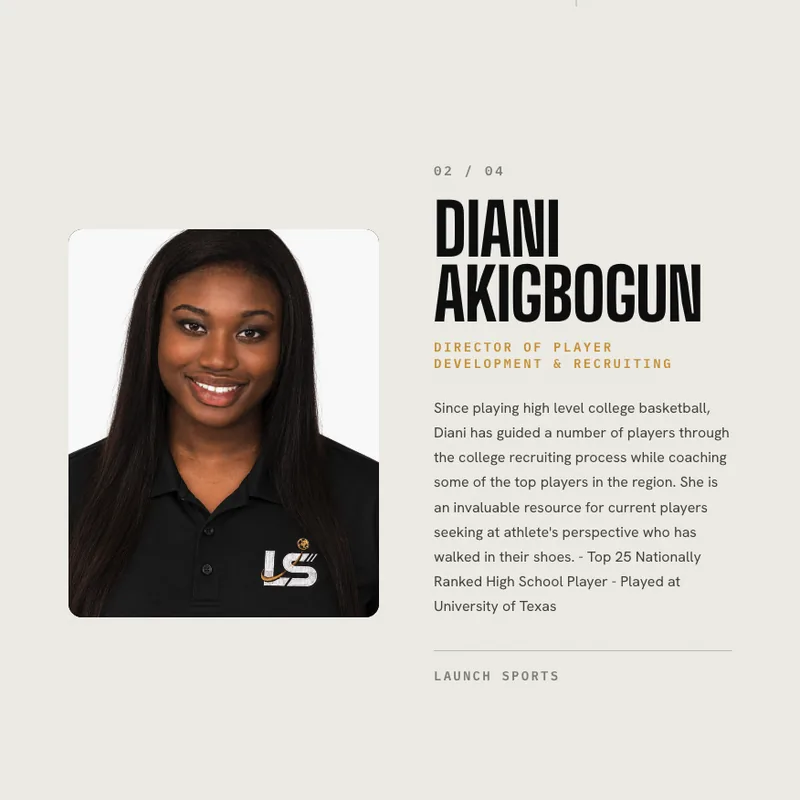 Team profile of Diani Akigbogun, Director of Player Development and Recruiting at Launch Sports Management, with portrait and bio