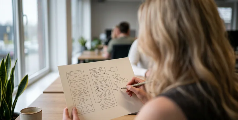 Over-the-shoulder view of a person sketching a website page structure on paper