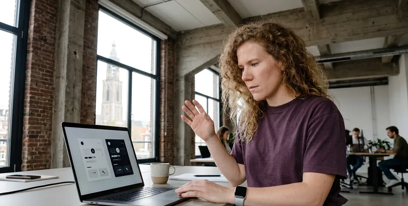 Person comparing two views on a laptop at an office desk, one hand raised mid-gesture