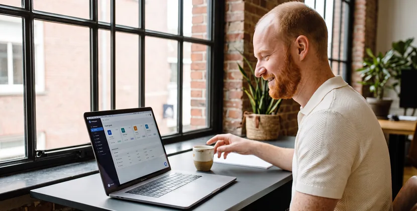 Person checking a laptop at a quiet desk by the window, reaching for a coffee cup