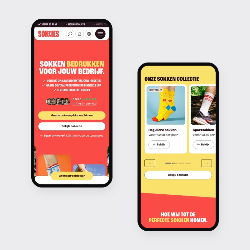 Homepage van Sokkies op mobiel, met de hero en de sokkencollectie op twee telefoonschermen