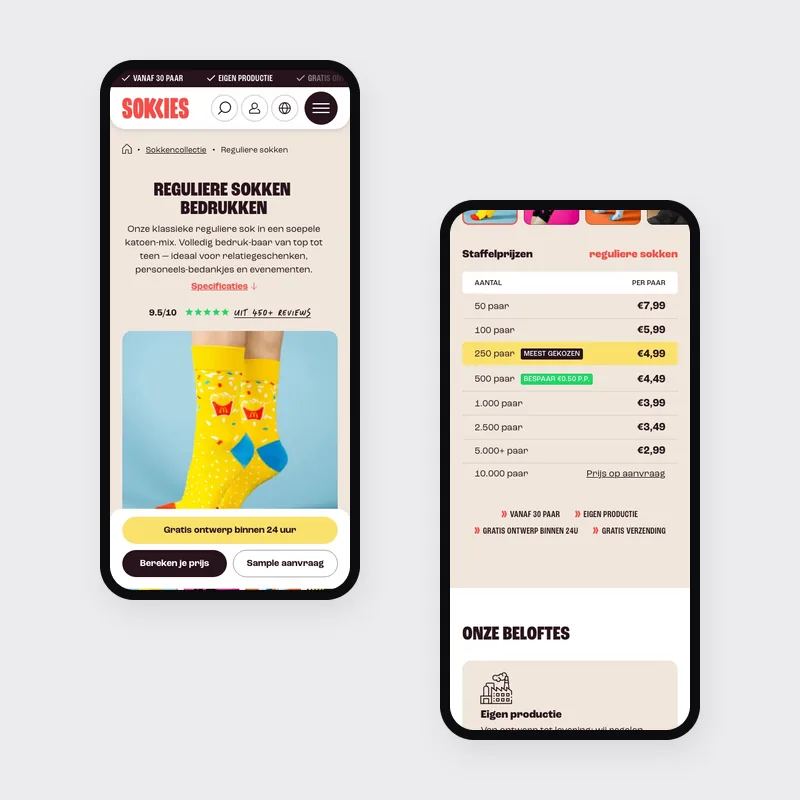 Productpagina van Sokkies op mobiel, met de productfoto en de staffelprijzen op twee telefoonschermen