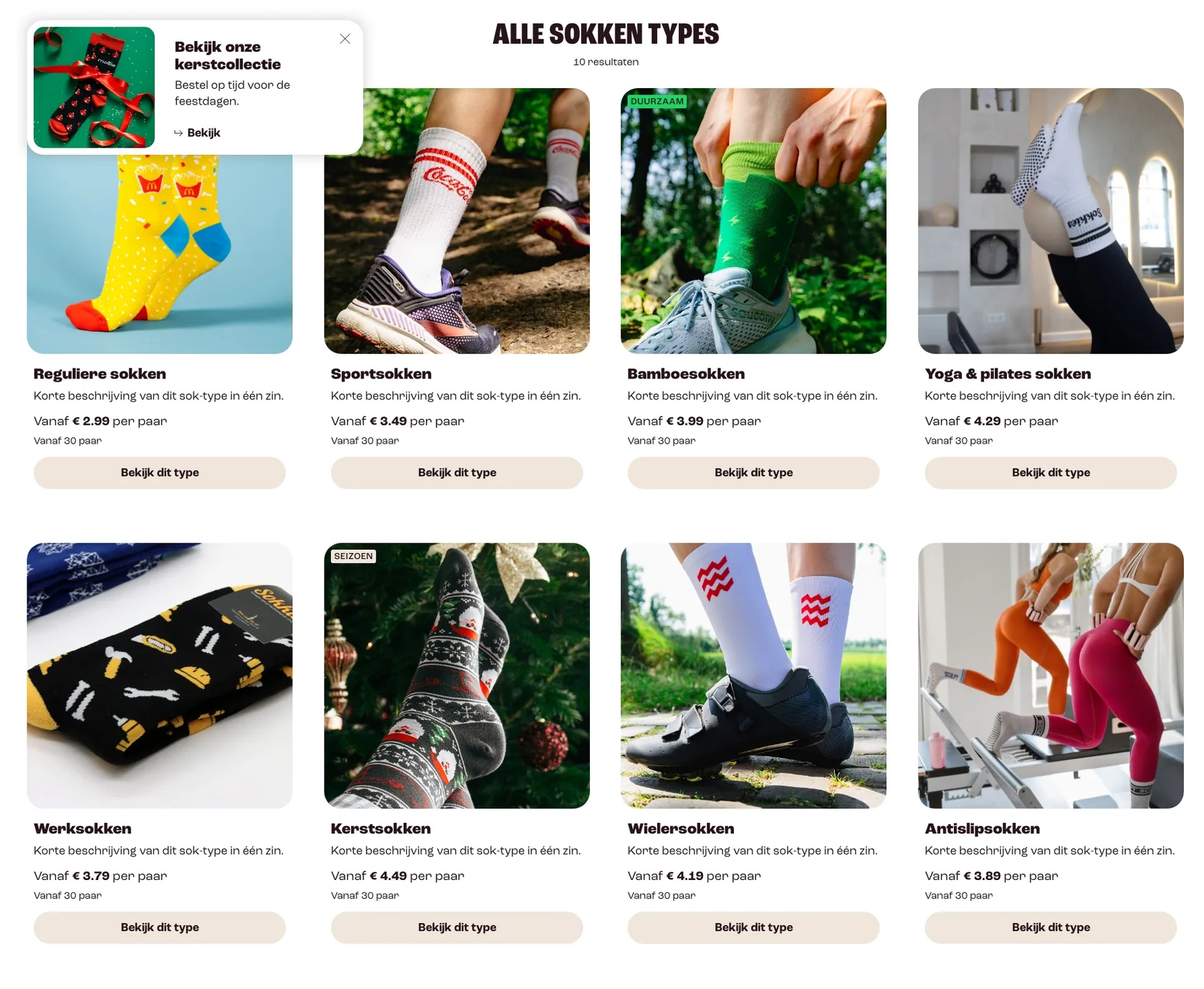 Sokkies collection page with a tile per sock type, from regular and sports socks to Christmas and anti slip socks