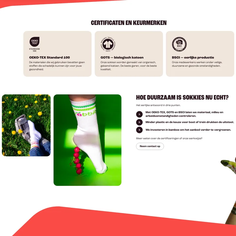 Sokkies sustainability page with the OEKO-TEX, GOTS and BSCI certificates and three points on how sustainable production is